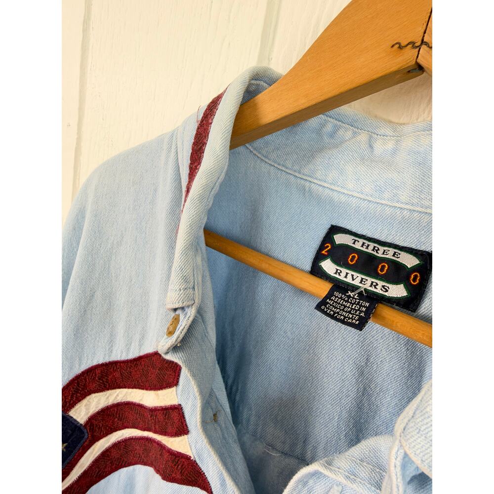Vintage 90s Three Rivers 2000 Denim Shirt Patriotic Flag Star Applique XL - Picture 5 of 8